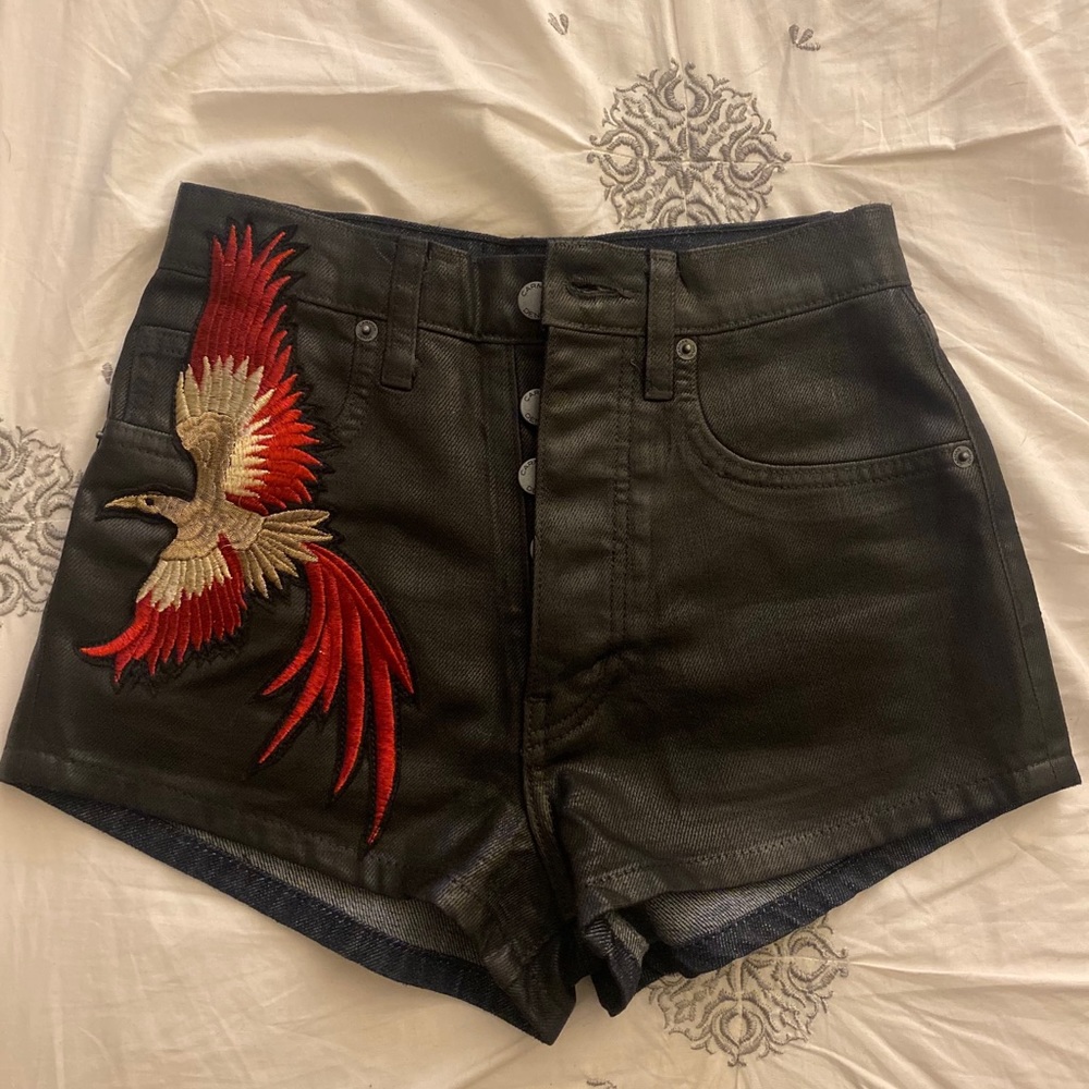 CARMAR Leather Coated Embroidered Denim Short